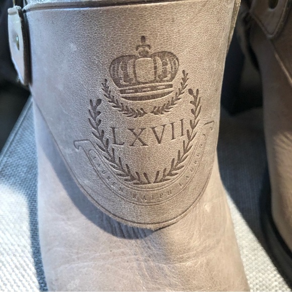 Ralph Lauren Delsa high leather boot in taupe front logo detail with straps 6 - Picture 3 of 8